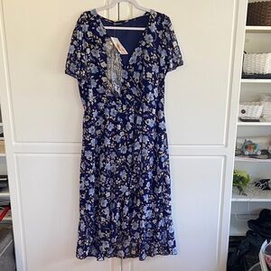 Floral Navy Midi Wrap Dress - Unbranded